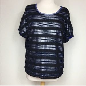 Login Women's Y2K Blue Black Sparkle Mesh Boxy Top Size Large Casual Streetwear